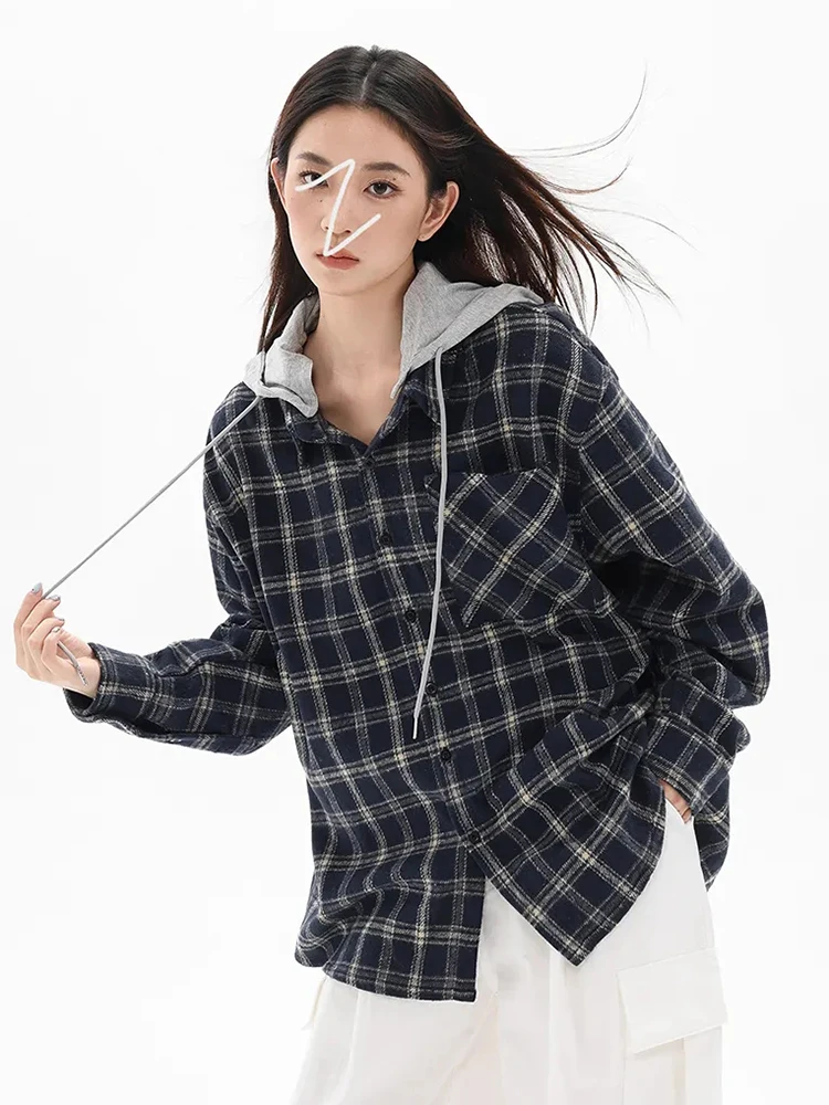 Jmprs Y2K Patchwork Plaid Shirt Women Oversize Streetwear Vintage Hooded Blouse American Harajuku Detachable Cap Bf Retro Tops