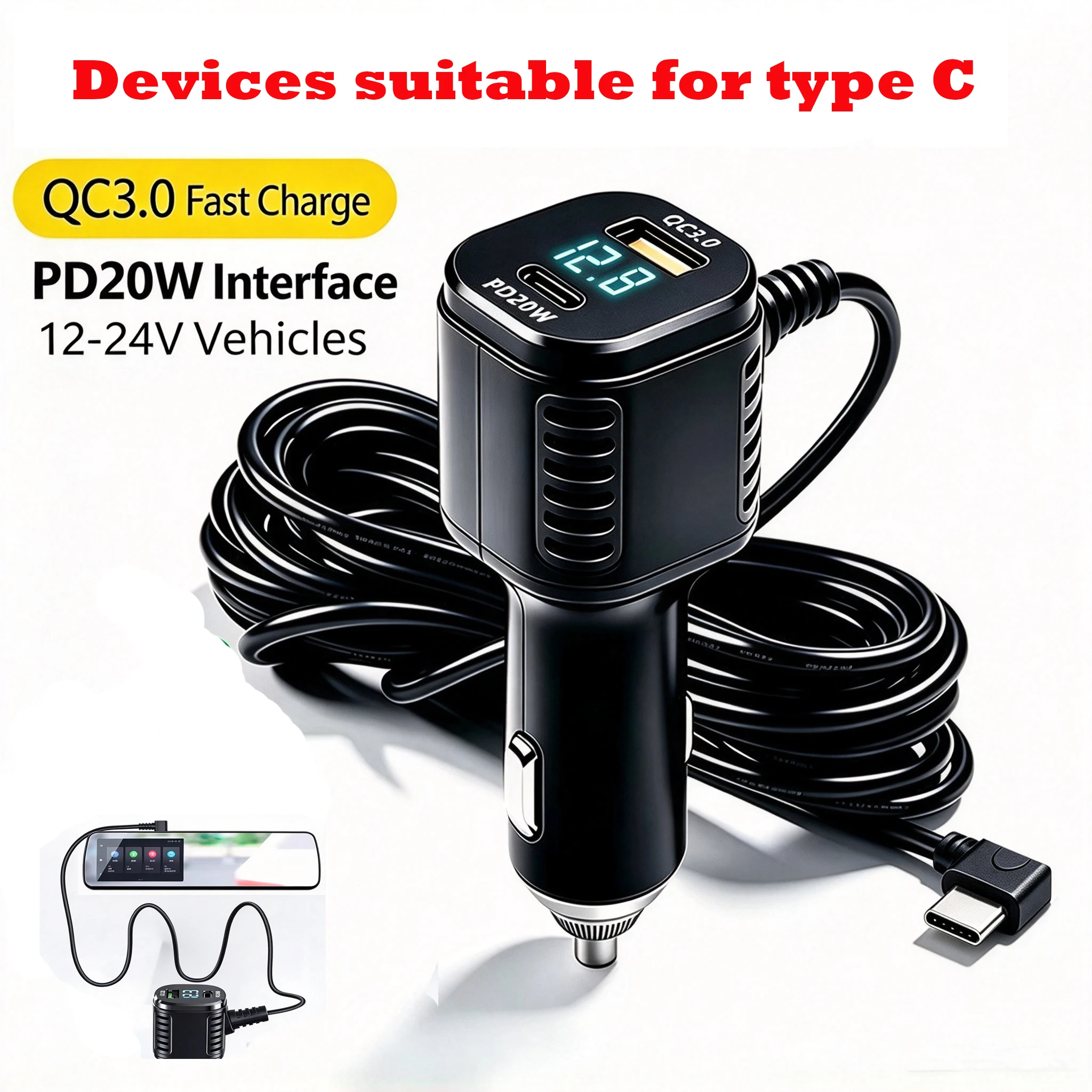 PD 20W QC3.0 Car Charger with Type-C Cable Fast Charging Digital Display 12V-24V Universal Auto Cigarette Lighter Adapter for Ty