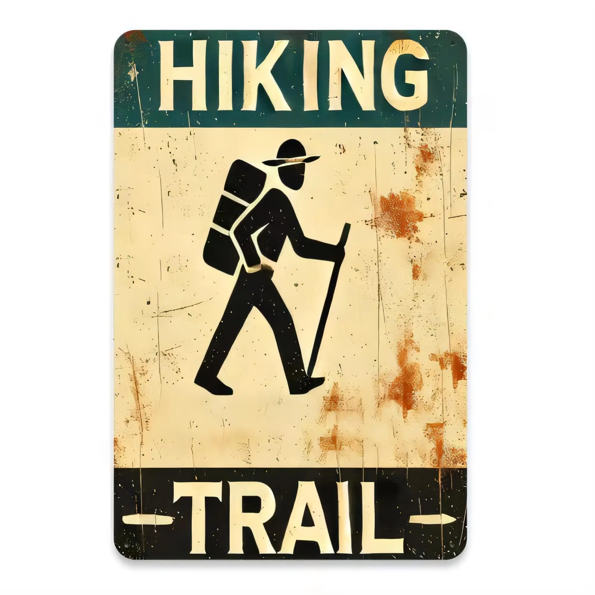 Tin Sign HIKING Trail Retro Vintage Metal Sign Outdoor Adventure Wall Decor Funny Wanderer Silhouette Distressed Green Beige Rus