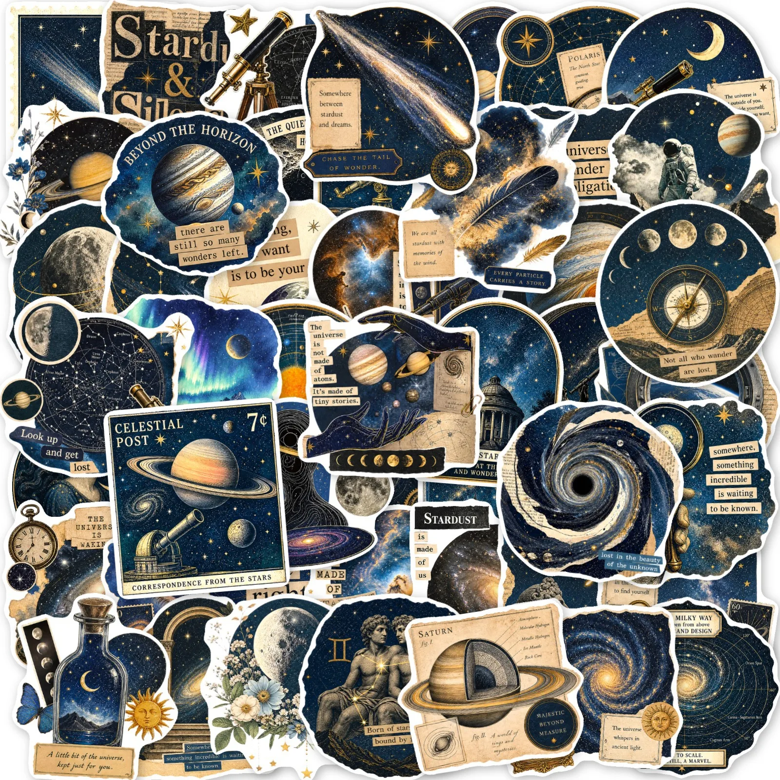 50 Pcs Vintage Starry Universe Theme Stickers Creative Waterproof Vinyl Decals for Journal Notebook Phone Case Gift