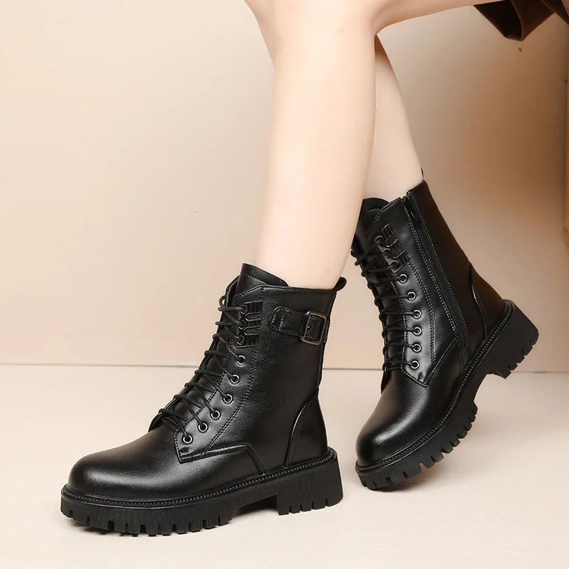 

2025 Autumn/Winter New Style Fleece Belt-buckle Ankle Boots British Style High-top Thick-soled Lace-up Riding Boots for Women