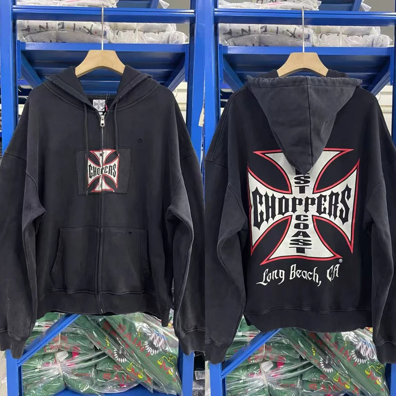 Ropa de calle West Coast Chopper Sudadera con capucha de tela pesada con estampado de cruz americana abrigo con cremallera Retro viejo sudadera rasgada hombres mujeres