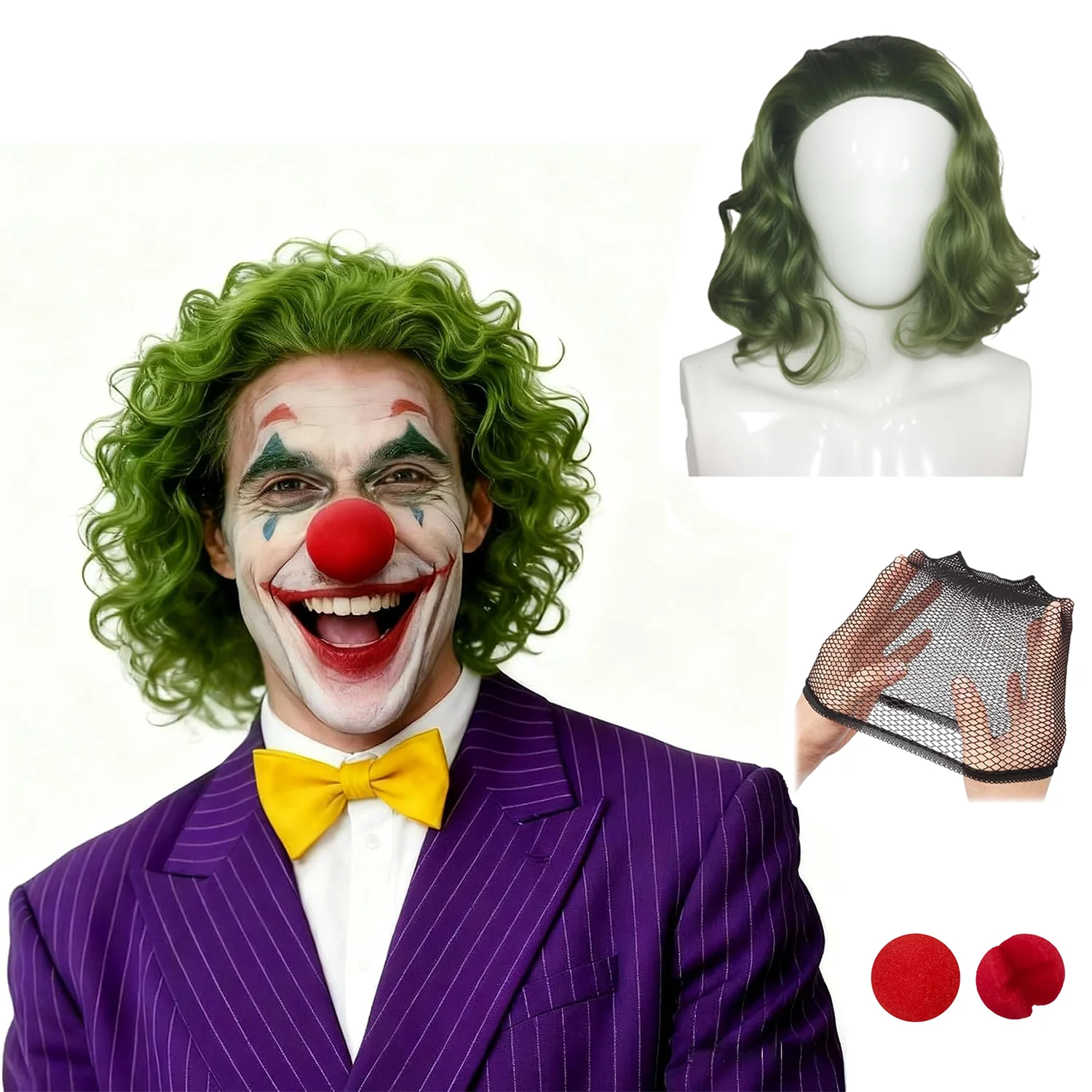 Men's Short Green Clown Wig - Complete Set Including Hair Net and Foam Red Nose, Long Curly Hair Clown Style Synthetic Hair