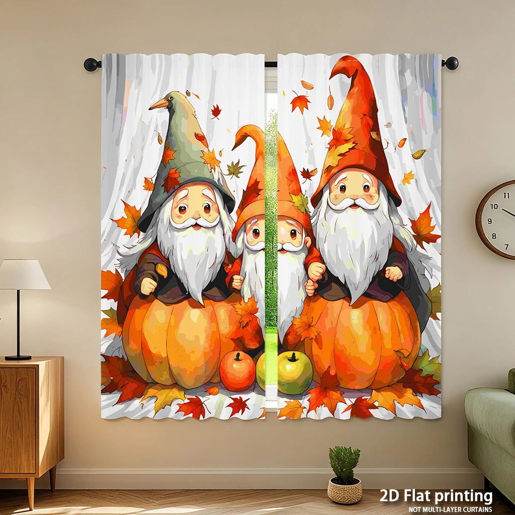 2-piece set of high-definition digital printed curtainshalloween cartoon gnomes orange pumpkins apples autumn leaves styleHome d