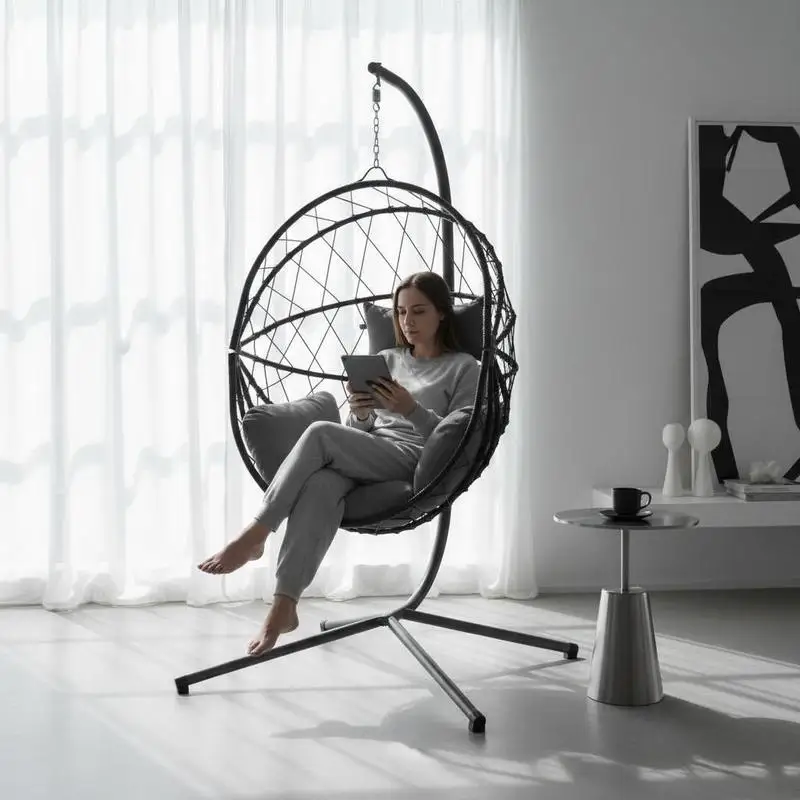 Eiförmiger Hängesessel mit Stahlgestell – Geflochten im Rattan-Stil, Schaukeldesign & gepolsterter Komfort für Wohnzimmer und Garten
