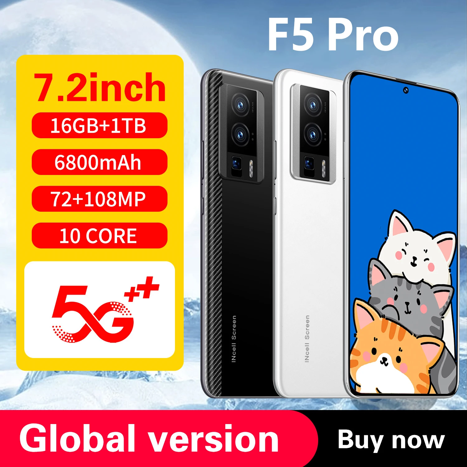 Global Version F5 Pro 5G Smartphone 7.2 Inch 1440*3040 Qualcomm 8 Gen 2 108 MP Camera 6800Mah Battery Android 13.0 Cell Phones