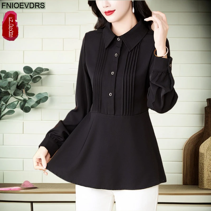 Elegant Black Basics Shirts New Fashion Woman Autumn Spring Long Sleeve Solid Retro Office Lady Button Peplum Tops Blouses