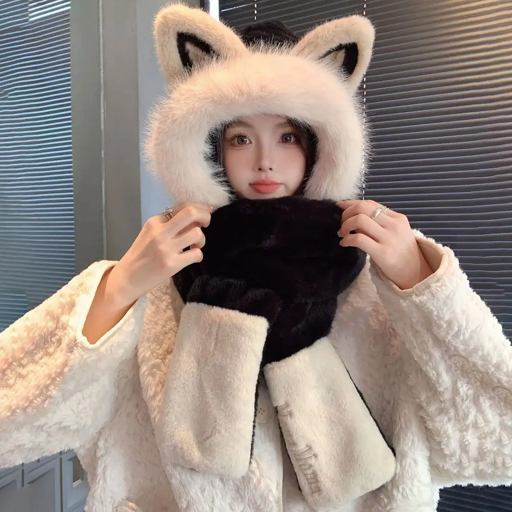 Nowy Gruby Zestaw: Czapka, Szalik, Rękawiczki, Pluszowy, Ocieplający, Ochrona Uszu, Wiatroodporna Czapka z Uszami Lisa, Zintegrowana Czapka-Szalik, Jesień-Zima