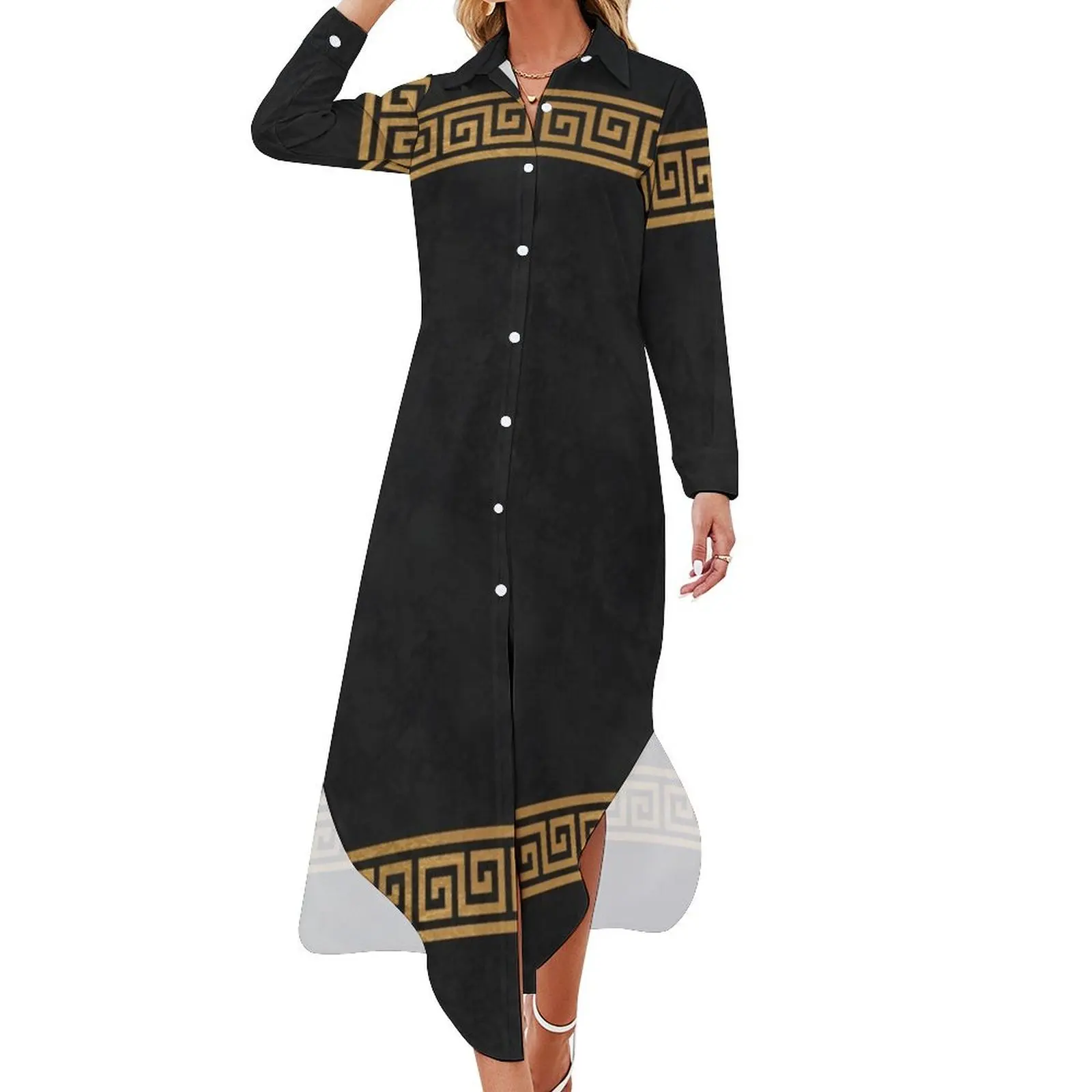 

Great Greek Pattern Long Sleeved Shirt Dress women long dresses long dresses for women