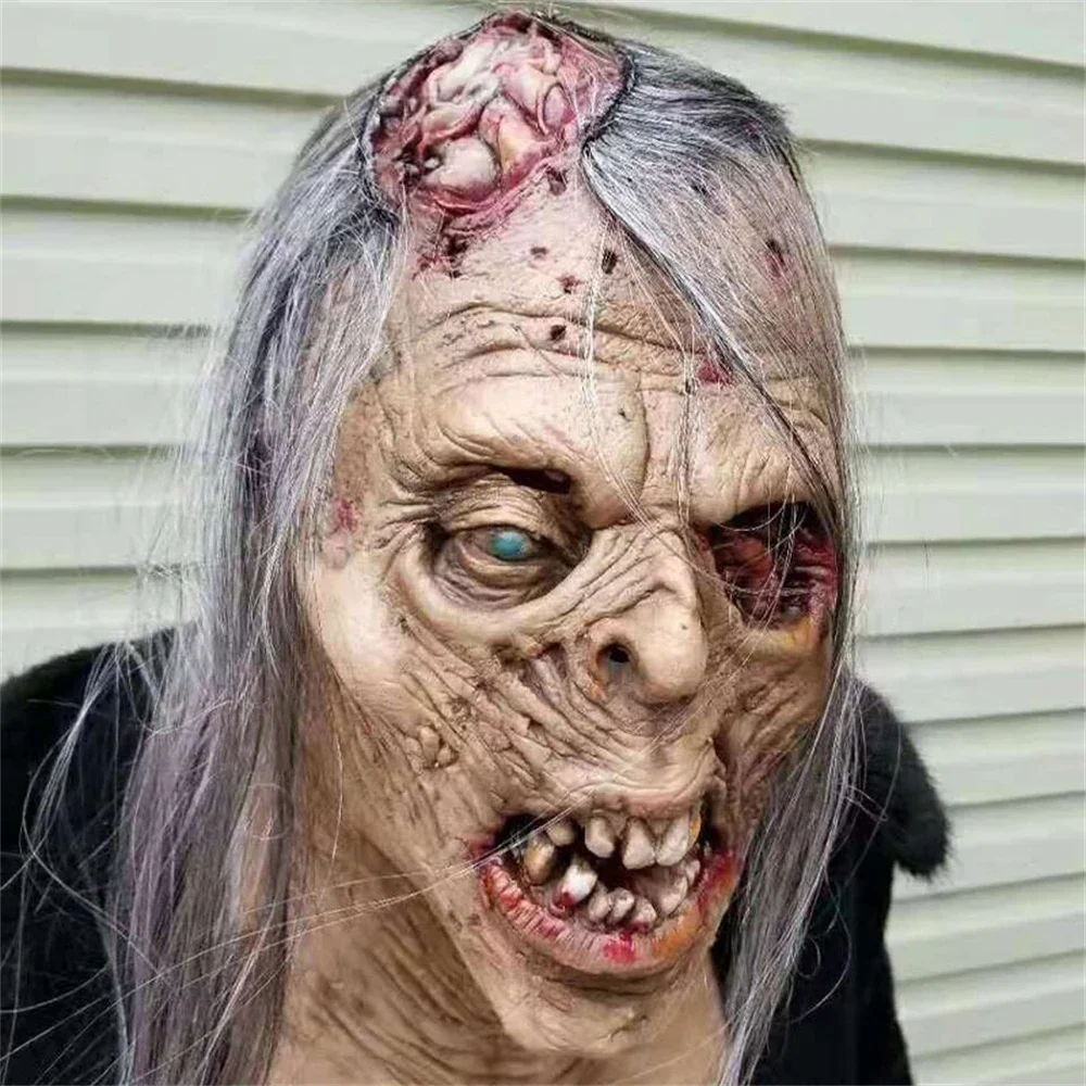 Máscara de zombis aterradora para Halloween, máscara realista de anciano, máscara de Horror Walking Dead para mujer, máscara de cabeza completa de zombi, accesorios de disfraz de terror para Cosplay