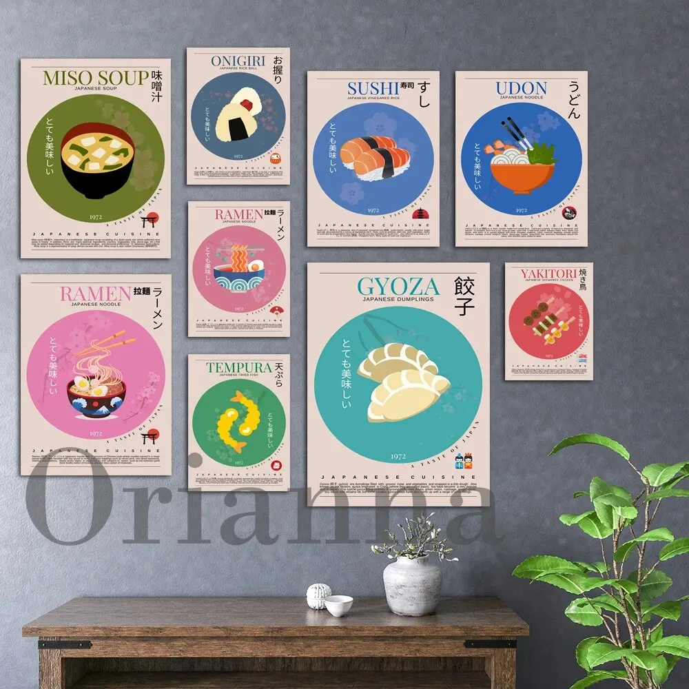 Modernes Küchendekor-Poster Japanischer Vintage-Food-Druck Miso-Suppe Yakitori Udon Ramen Onigiri Gyoza Sushi Wandkunst Geschenk