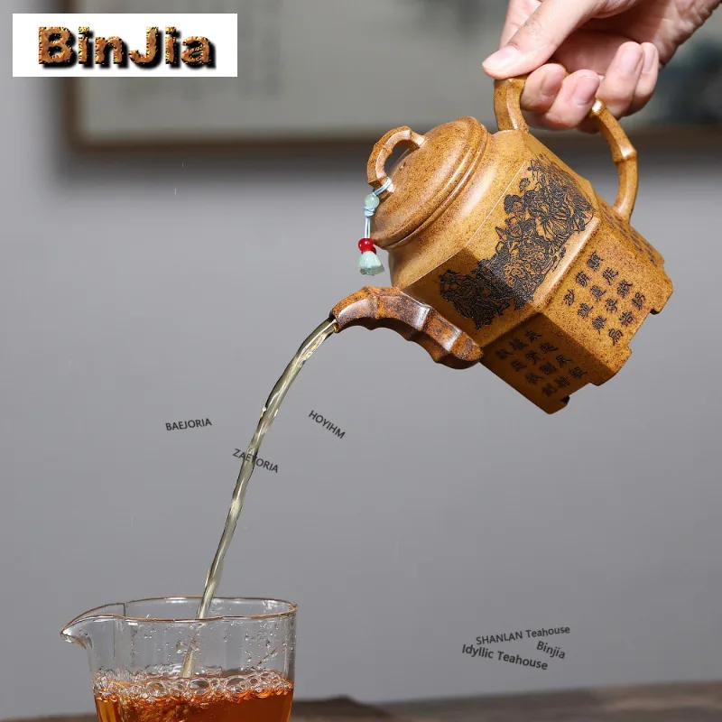 430ml Luxury Yixing Purple Clay Teapots Handmade Hexagonal Pot Raw Ore Dragon Bone Gold Sand Mud Kettle Zisha Tea Set Gifts