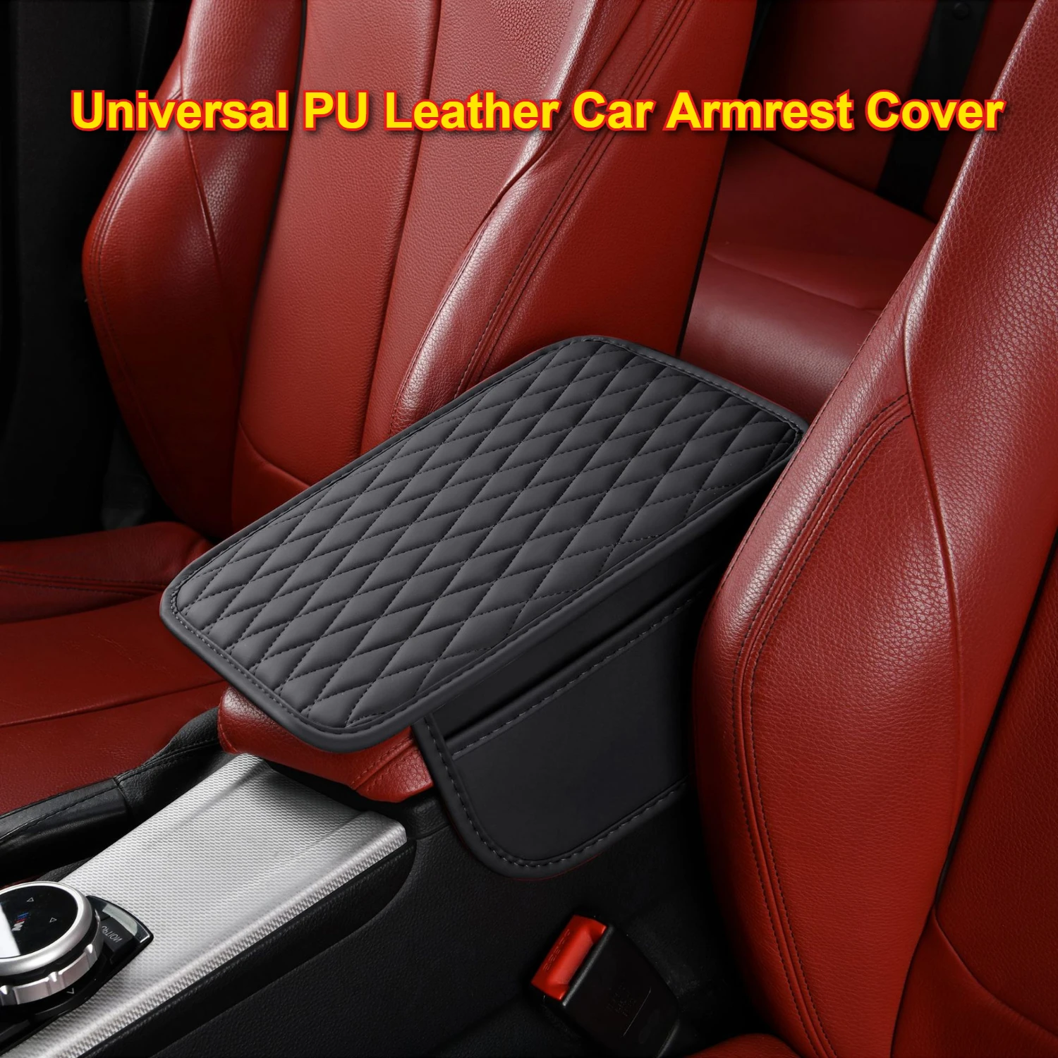 Car Armrest Cover Non - Slip Backing Universal Fit Quilted PU Leather Auto Center Console Protective Pad with Storage Pockets