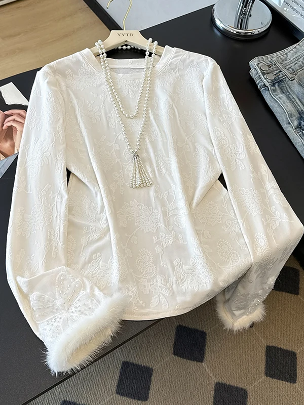 Elegant White Embroidered Long Sleeve T-Shirt New Chinese Style Women's Fashion Luxury Sensation Base Layer Mink Fur Top