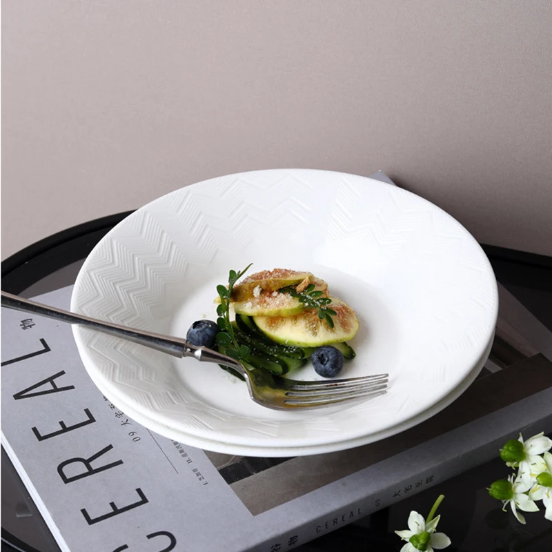 Creative Wavy Line Ceramic Salad Bowl, Restaurant White Soup Bowls, Pasta Bowl, Hotel Large Dessert Plate, Home Tableware