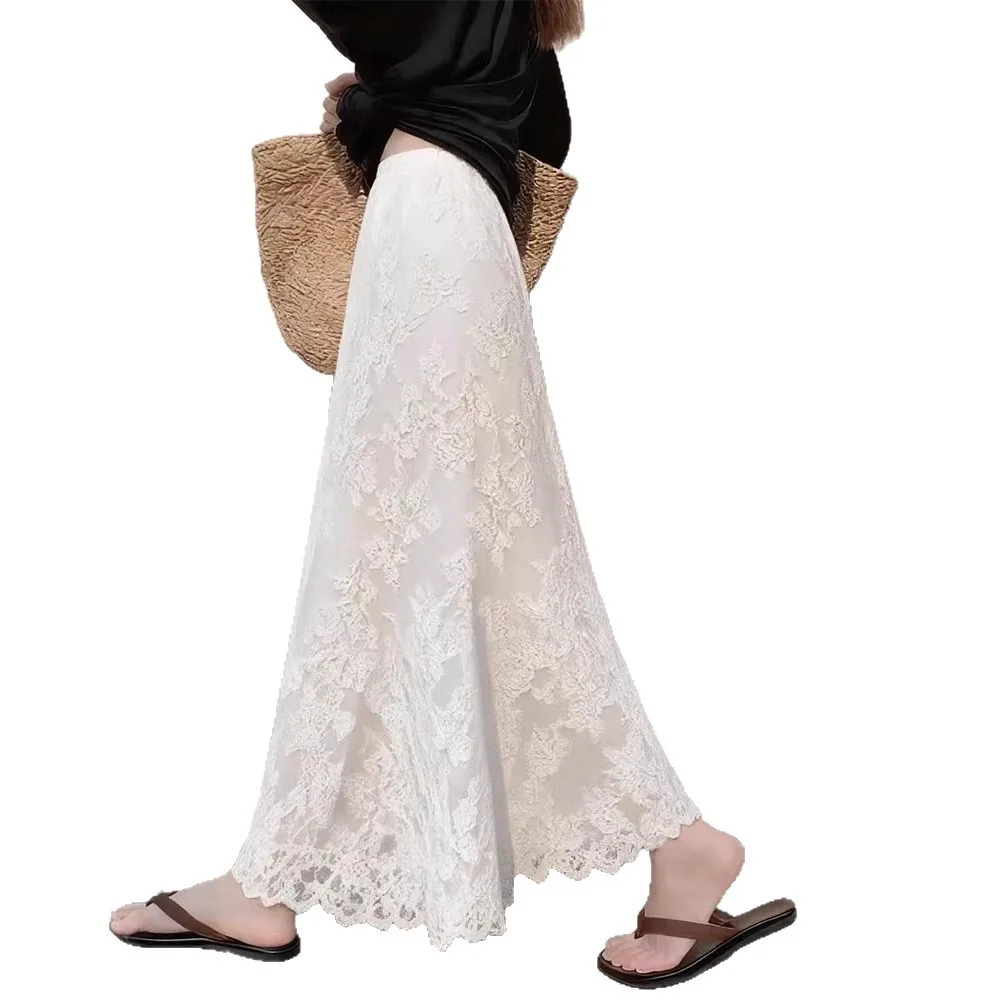 

2026 New White Lace Skirt Elegant High Waist A-Line Maxi Skirt Modern Slimming Lace Long Autumn Winter Party Skirt