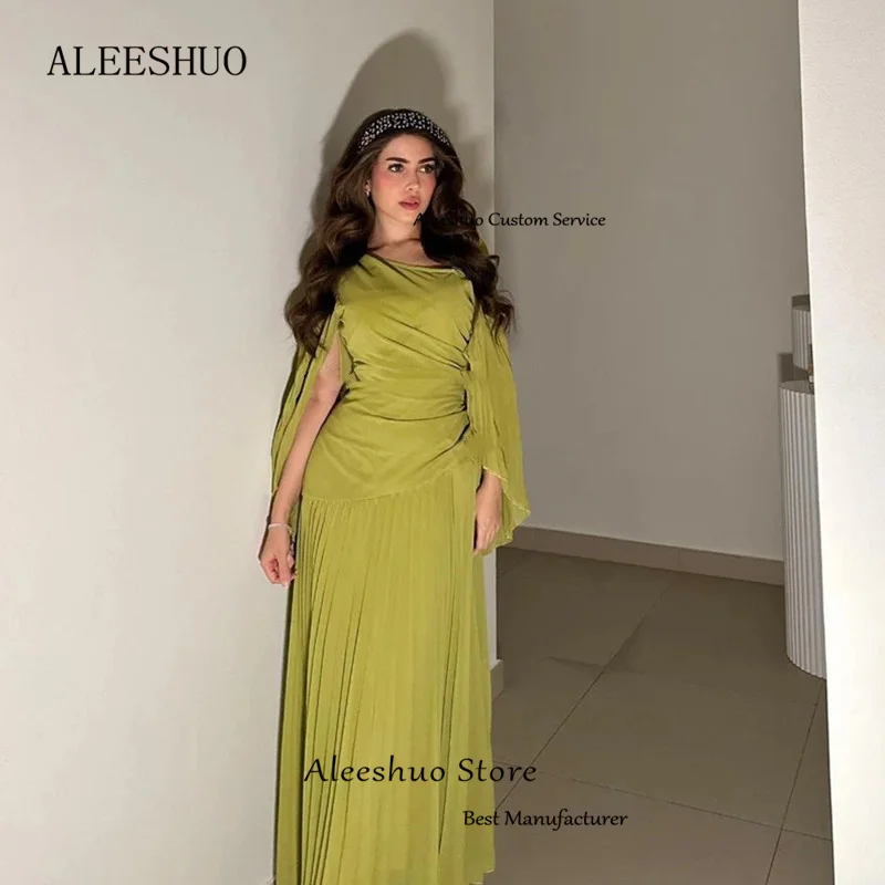 Simple Chiffon Long Sleeves Prom Dress Pleated A-Line Cap Sleeves Saudi Evening Dress Floor-Length Cutsom Made 2025 Customized