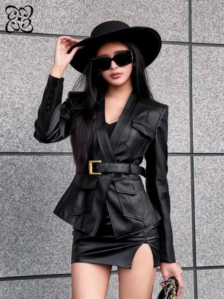 Black Faux Leather Belted Blazer Women's Tailored Multi-Pocket V-Neck Jacket Celebrity Style Office & Evening Wear