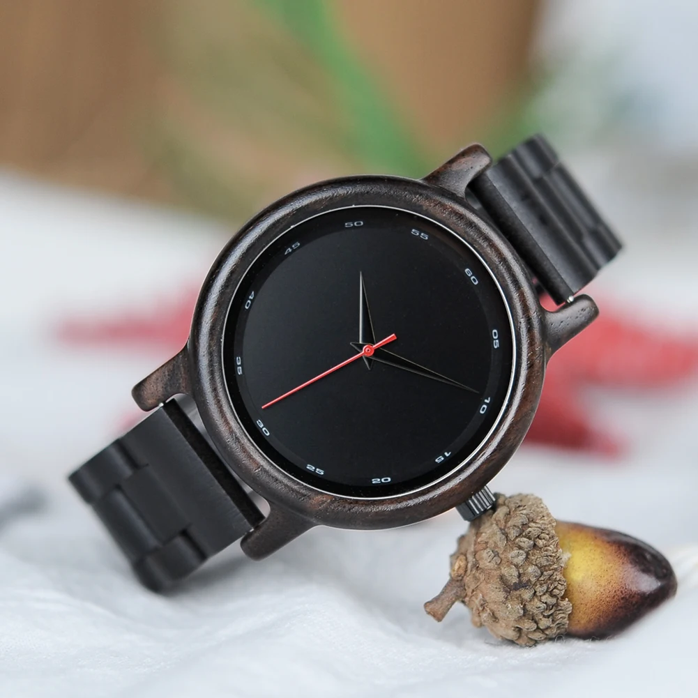 BOBO BIRD Men Watches Top Luxury Ebony Wooden Quartz Wristwatch Handmade Custom Logo Pattern Relogio Masculino