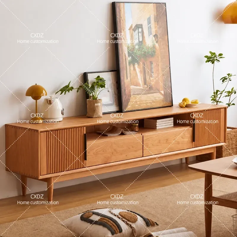 Nordic Solid Wood TV Cabinet Simple Audio Visual Console Log Floor Storage Locker Japanese Style Sideboard for Living Room
