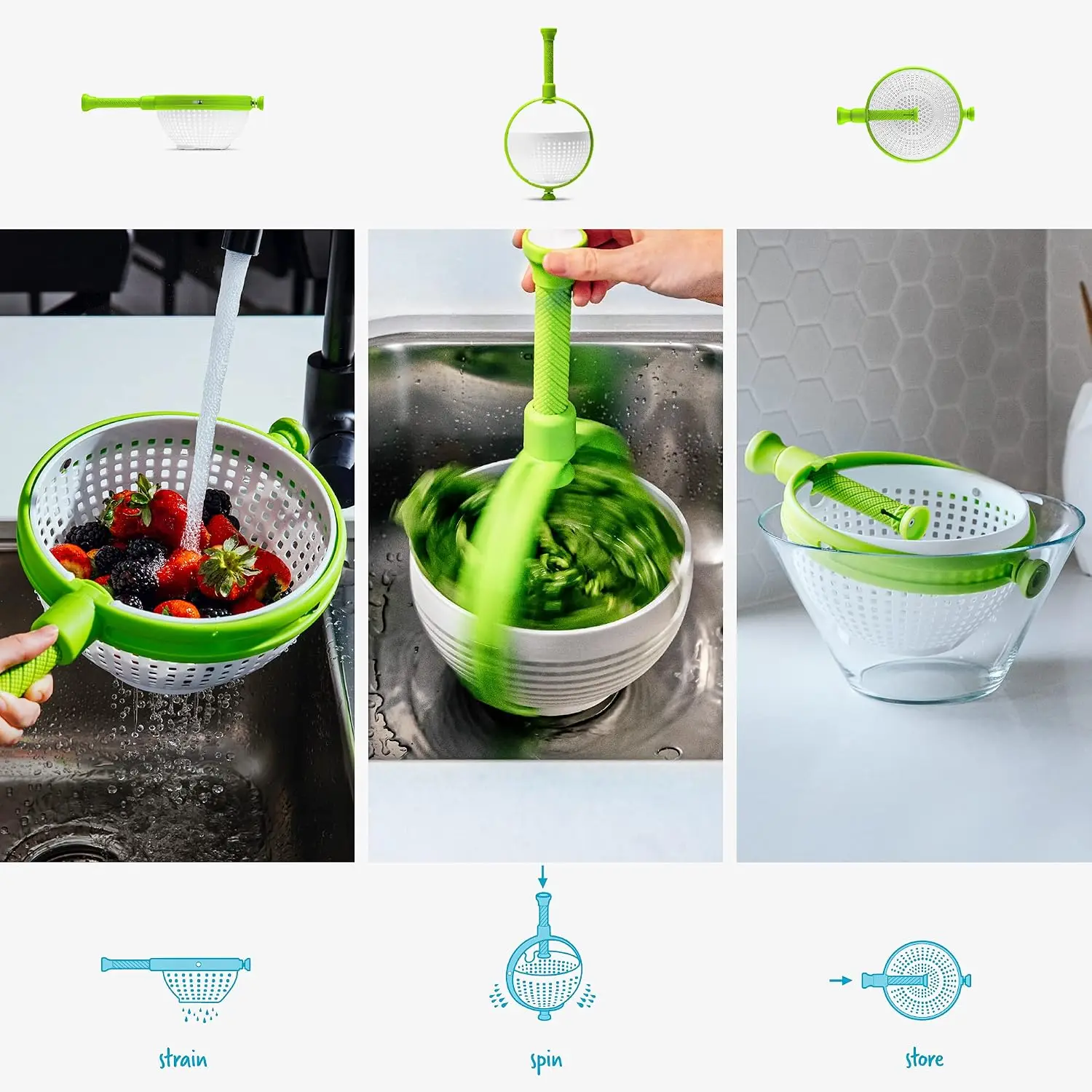 2-In-1 Easy-To-Use, Collapsible Salad Spinner & Straining Colander For Salad, Fruit, Vegetable, Lettuce - White