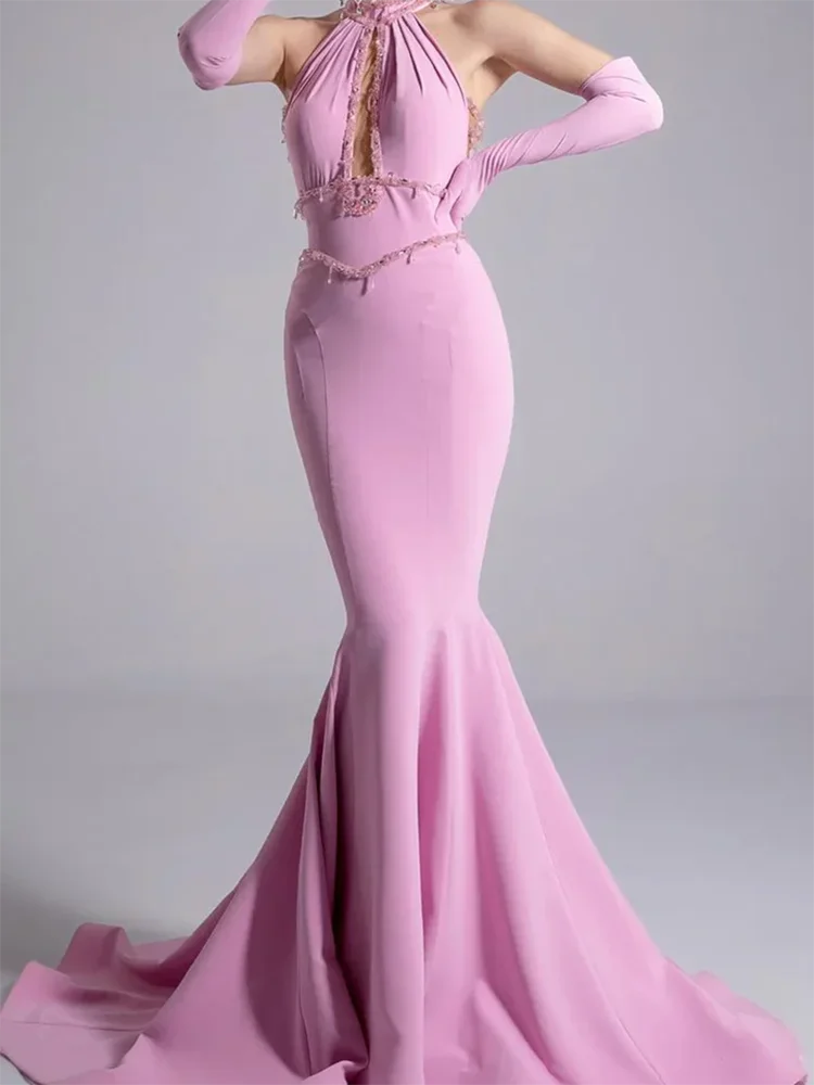 أنيقة الرسن الوردي أكمام الخرز ريشة حورية البحر فساتين السهرة الرسمية حفلة عيد ميلاد الحفلة الراقصة حسب الطلب #2