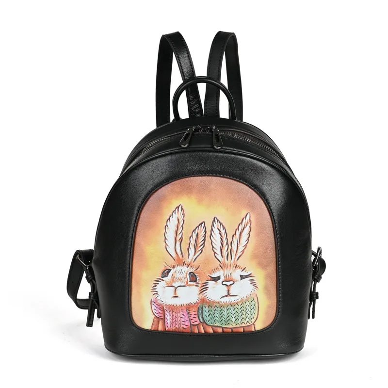 2024 Genuine Leather Women's Retro Rabbit Printed Shoulder Cover Layer Leather Casual Travel Backpack