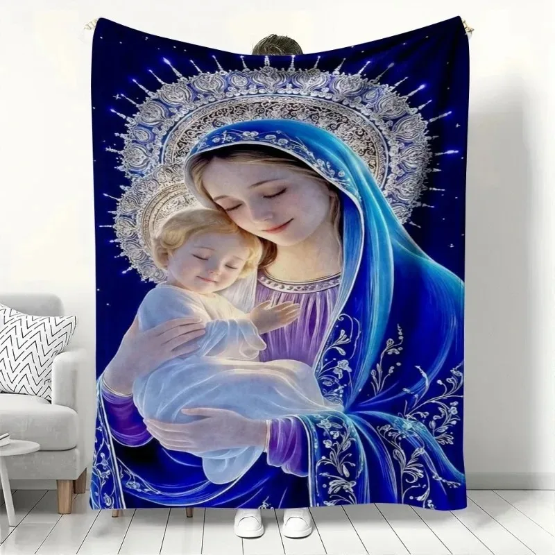 Virgin Mary & Baby Jesus Blanket Religious Holy Print Soft Cozy Flannel Throw Blanket for Sofa Couch Bed Christian Home Decor