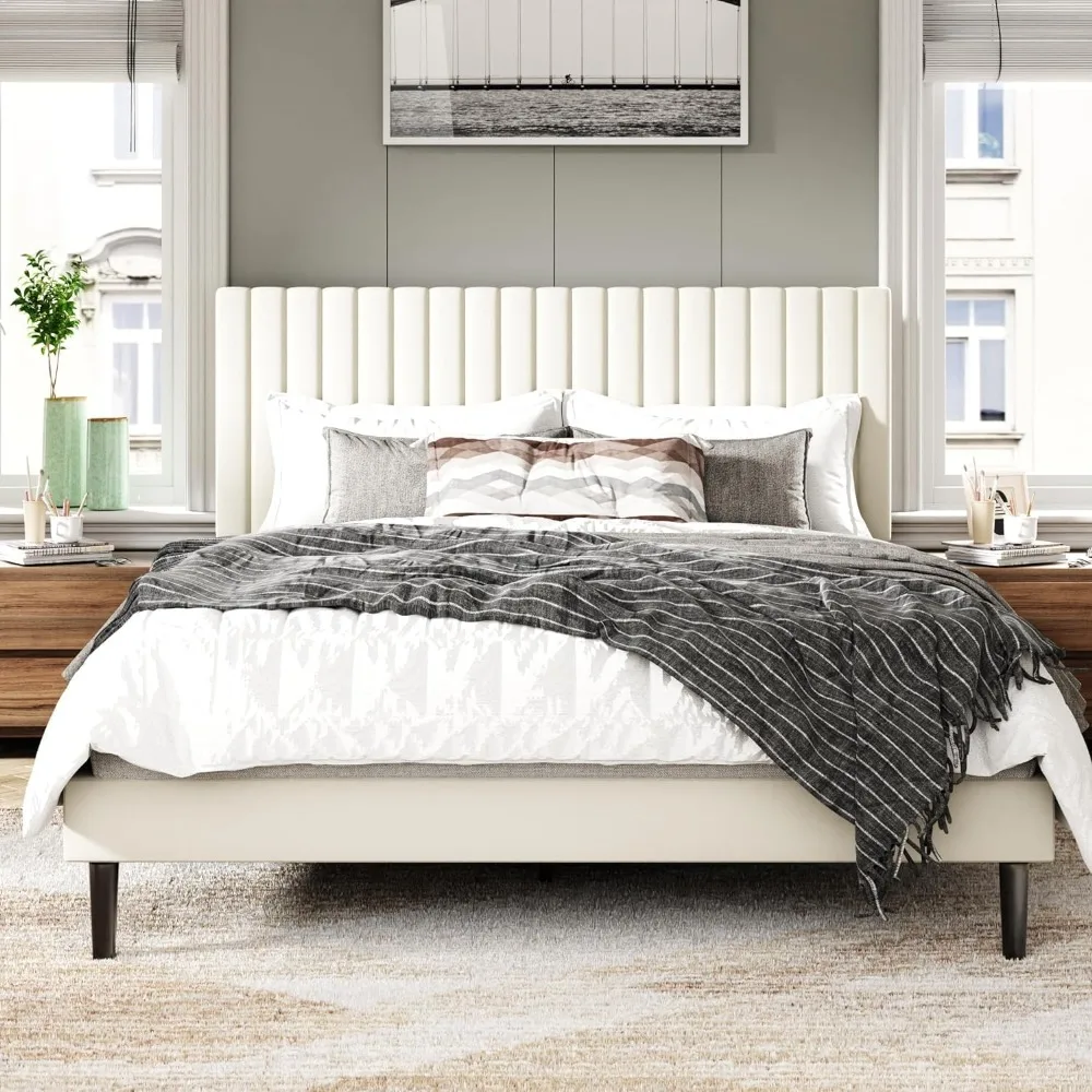 Bed Frame with Velvet Upholstered Headboard, Platform Bed with Strong Wood Slats, Mattress Foundation, Box Spring Optional