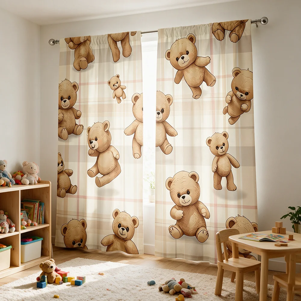 2PCS Bear Head Print Curtains, Animal Pattern, Cute Window Drapes for Kids Bedroom Nursery Living Room Home Decor