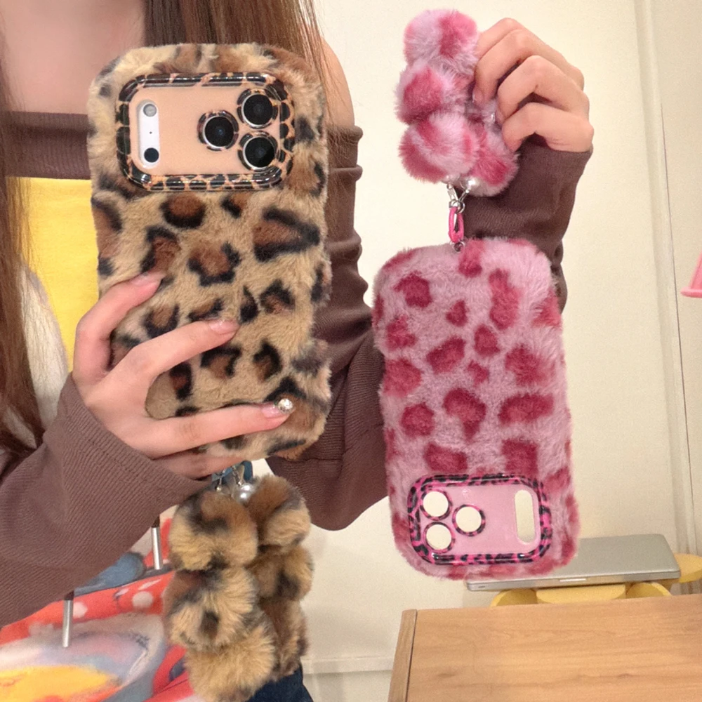 

Leopard Print Fluffy Plush Stand Holder With Bracelet Phone Case For iPhone 11 12 14 13 15 16 17 Pro Max Plus Air Bracket Cover