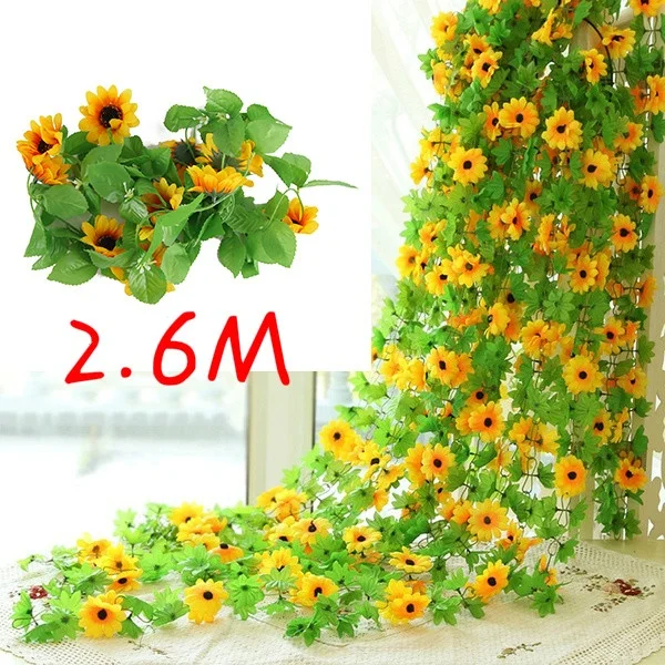 2.6M Artificial Plastic Sunflowers Ivy Vine Fake Flowers with Green Leaves Hanging Garland for Home Garden Fences Wedding Decor