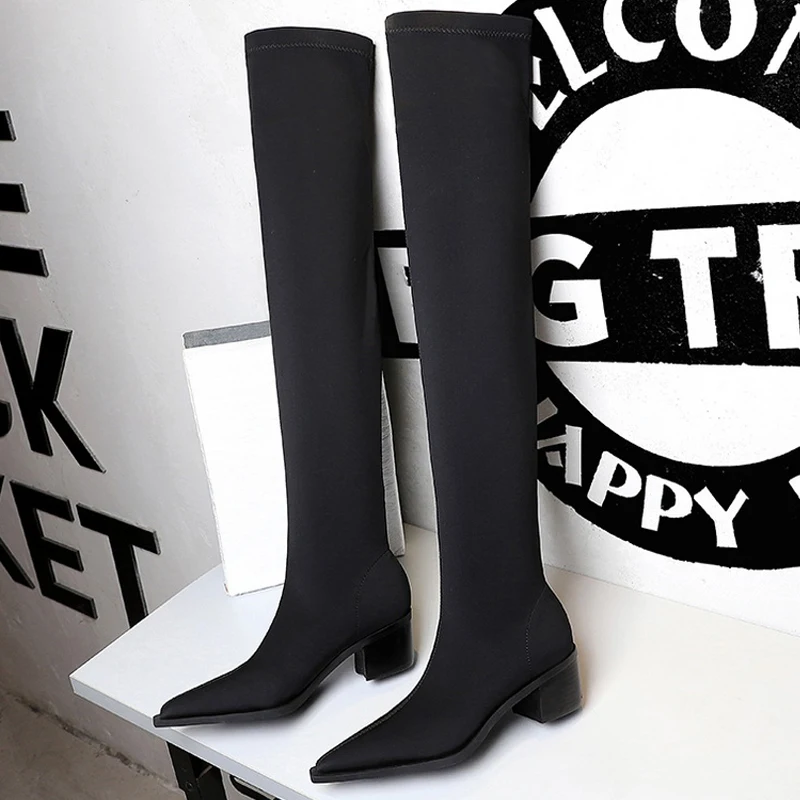 

BIGTREE Shoes Women Sexy Over The Knee Boots Pointed Top Stretch Boots Thick Heel High Boots Black Long Boots Autumn Winter Shoe