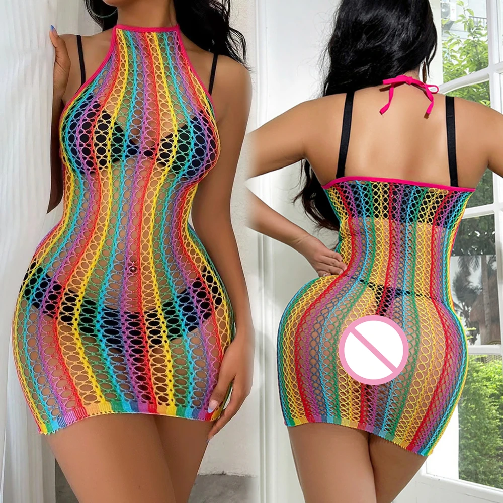 Female New Tight Lingerie Costume Ladies Rainbow Color Fishing Net Bodycon Dress Erotic Mesh Hollow See Through Short Skirt