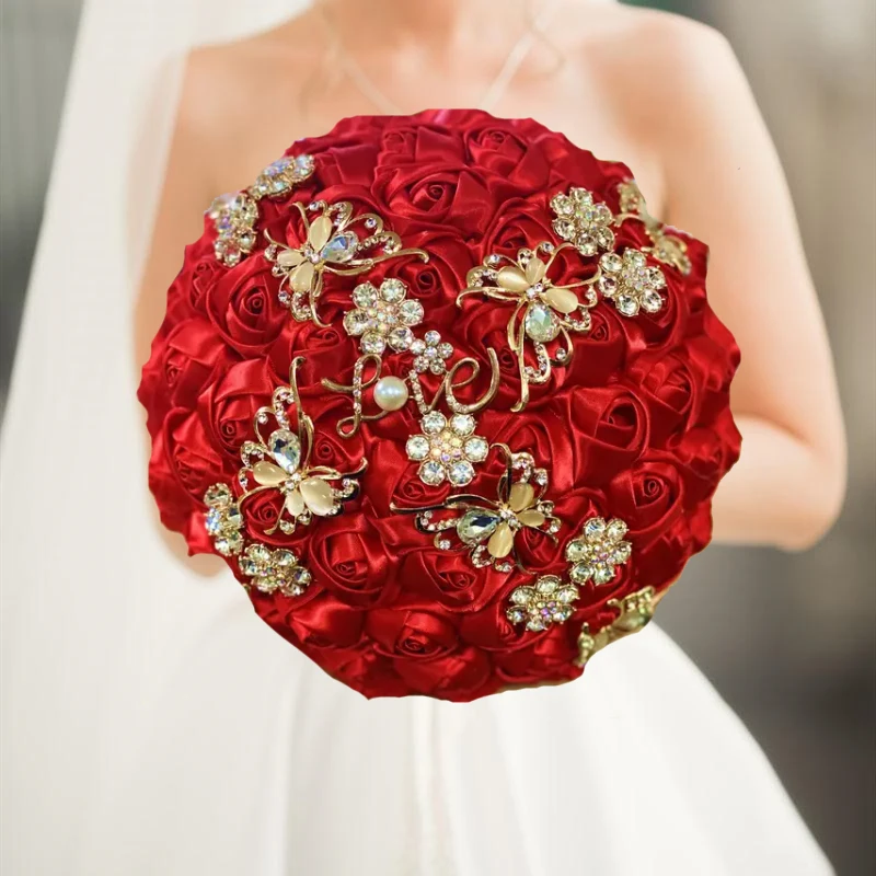 1pc/lot  Red Bridal Wedding Bouquet Artificial Ribbon Rose