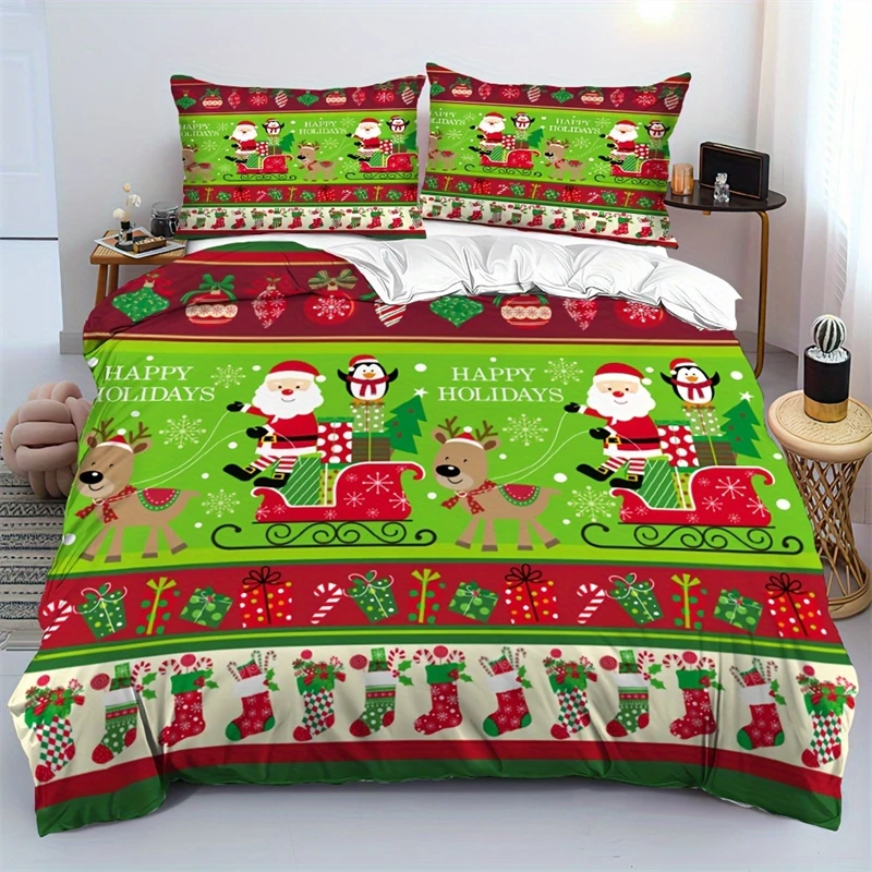 Holiday Quilt Cover Set, Cartoon Santa Claus and Penguin Sleigh Print, Soft Polyester Bedding  Bedroom and Dormitory Decoration