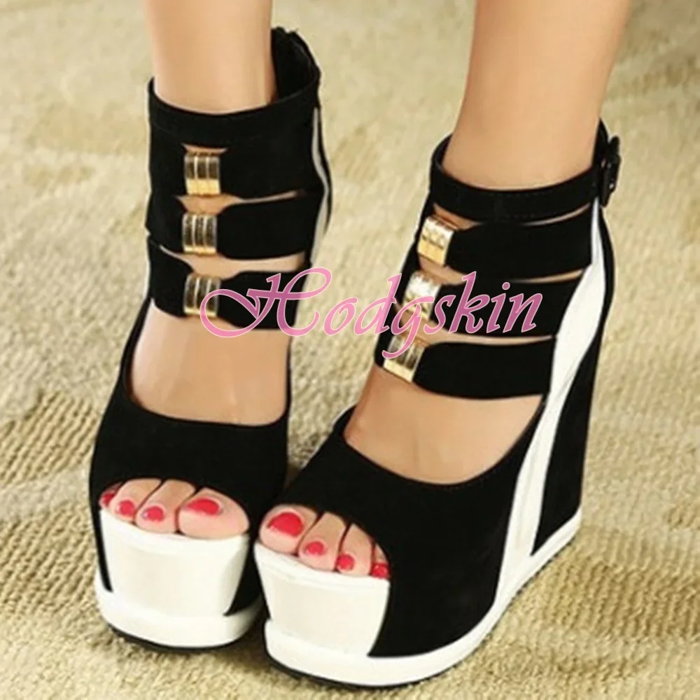 

Mixed Colors Platform Sandals Wedges Summer Shoes Straps Metal Decor Back Zipper Hollow Women Sandals Banquet High Heels Shoes