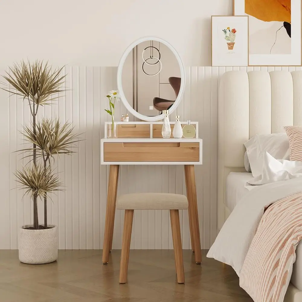 YOURLITE Small Makeup Vanity Desk with Mirror and Lights | Compact Vanity, 3 Lighting es, Adjustable Brightn, 3 Ders, Cushioned view 5