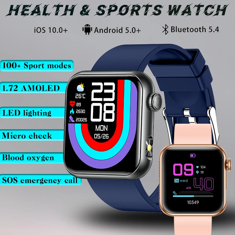 

2025 Men Women Smart Watch BT Call 100+ Sport Modes Calling 1.72inch HD Screen Health Monitoring SOS Emergency Call Smart Watch