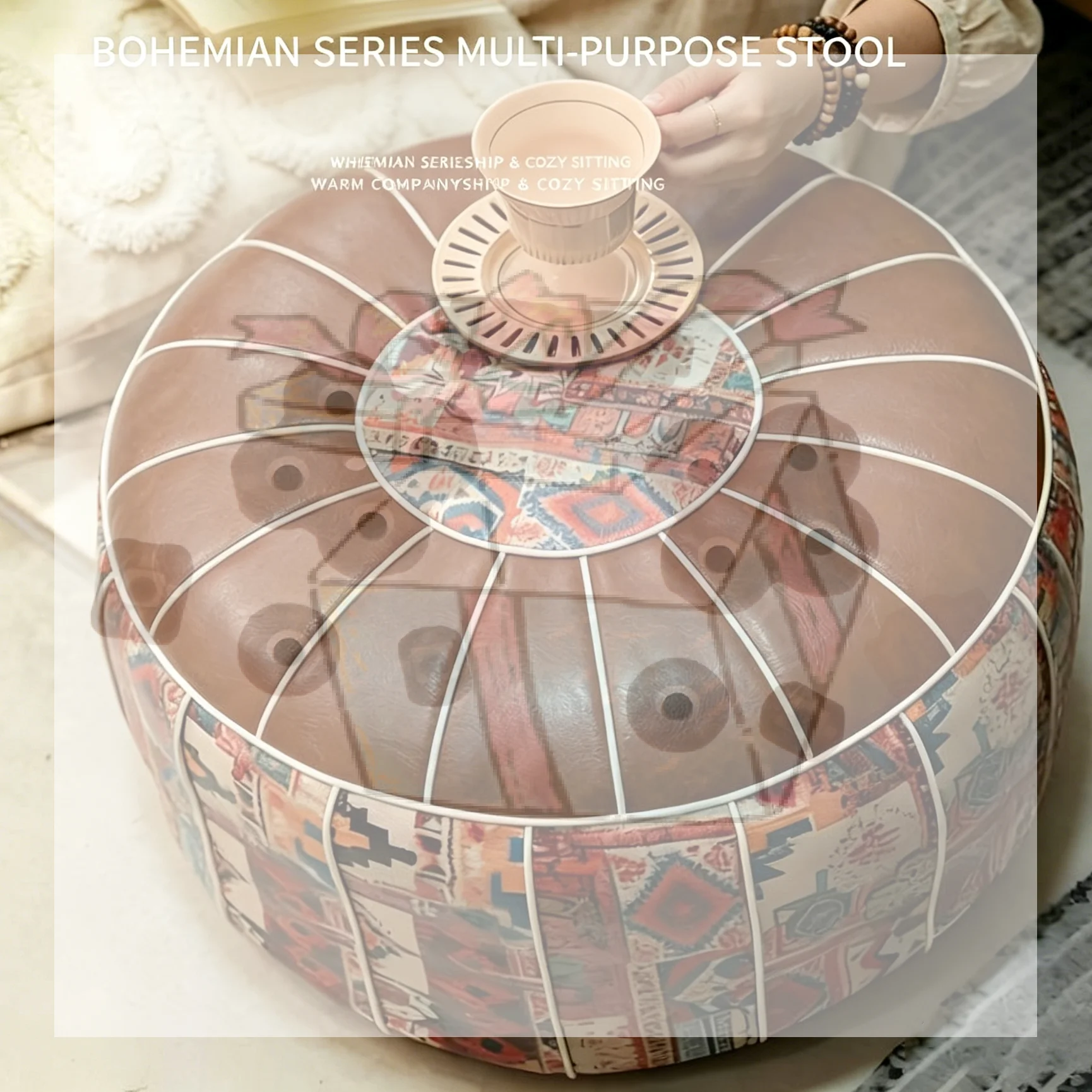 Pouf bohème en cuir PU 53x35cm, brodé, artisanal, ottoman de rangement doux, repose-pieds, décoration intérieure, coussin non rembourré en cuir artificiel