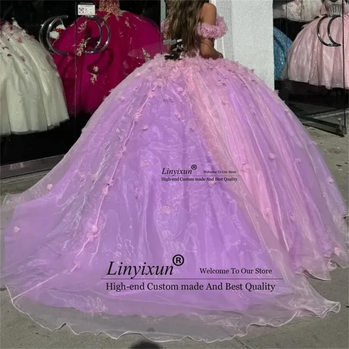 Elegant Shiny Princess Lilac Quinceanera Dress Ball Gown Off The Shoulder Flowers Corset Sweet 16 Party Prom Wear Vestidos De XV