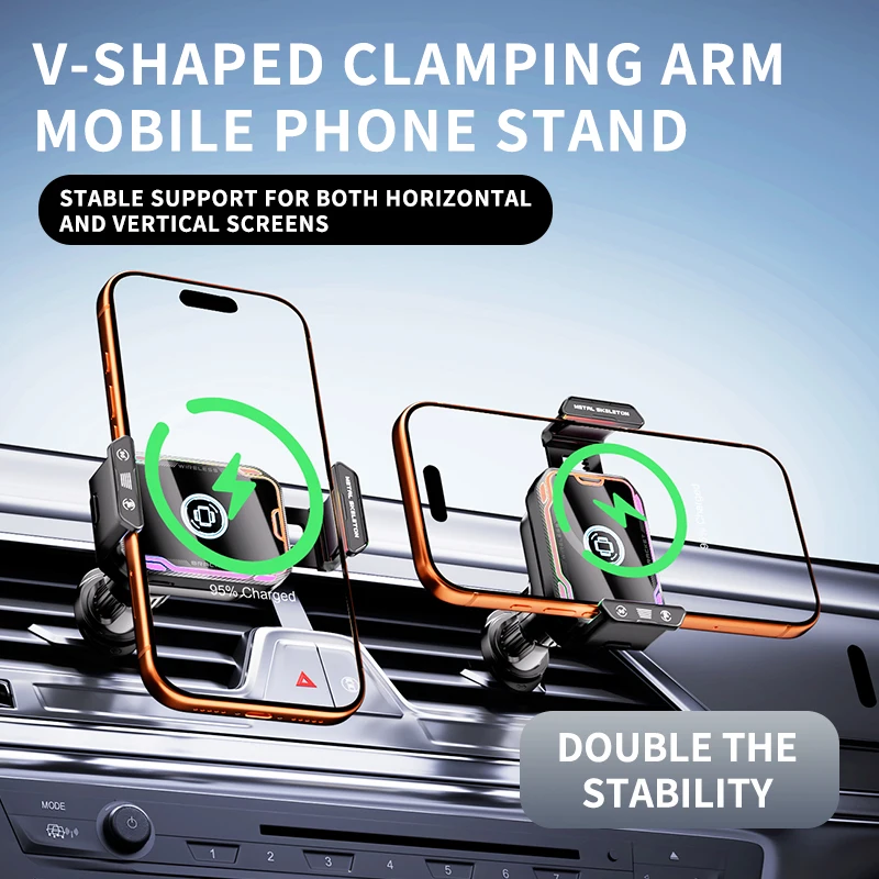 15W V‑Shape Dual‑Motor Wireless Car Charger – 90° One‑Key Rot, 360° Ball Joint, Built‑in Battery for iPhone & Android
