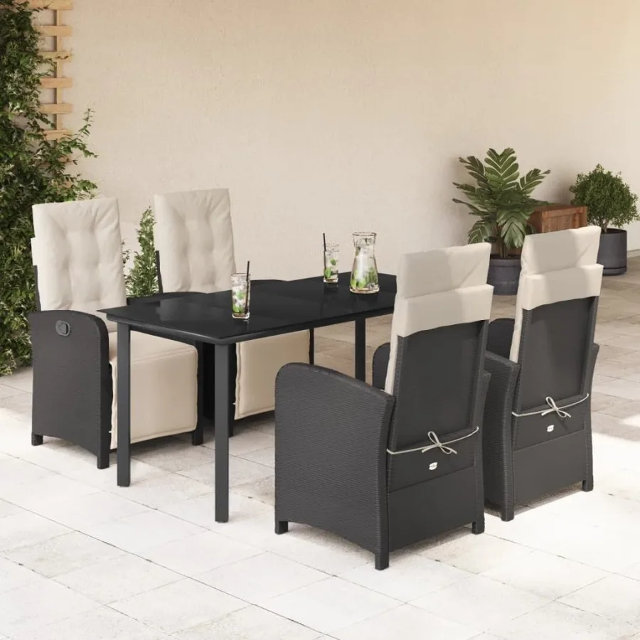 

5 Piece Patio Dining Set with Cushions Black Poly Rattan