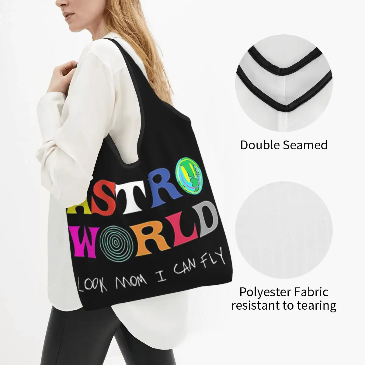 Astroworld Look Mum I Can Fly Portable Tote Shopping Bags Reusable Shopper Bag Grocery Handbag Shoulder Bag