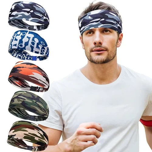 Imagen 2 del producto Banda para el sudor deportiva con estampado de camuflaje para hombre, elástica, para gimnasio, correr, tenis, diademas transpirables de secado rápido para mujer, bandas para el cabello para Yoga