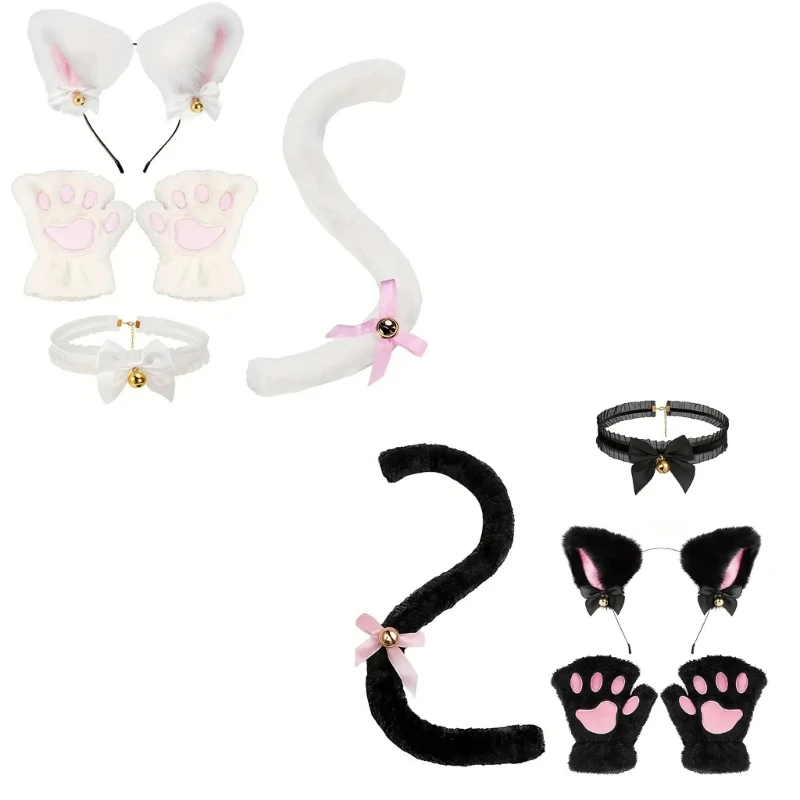 Costume cosplay per gatti Halloween, collana, cerchio per capelli, coda, guanto, accessori per vestire gatti per festa