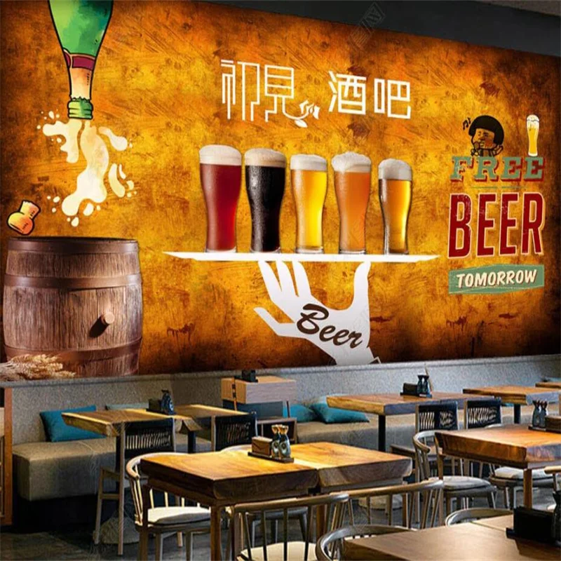 

European and American Retro Beer Theme Custom Mural Bar Club Industrial Decor Background Wall 3D Wall Paper Restaurant Wallpaper