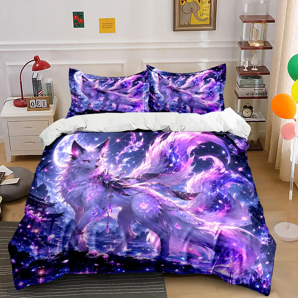 Enchanting Nine-Tailed Fox Moonlit Night Bedding Set for Kids Luxury Gift 3pcs Digital Print Comforter Set Soft Comfortable