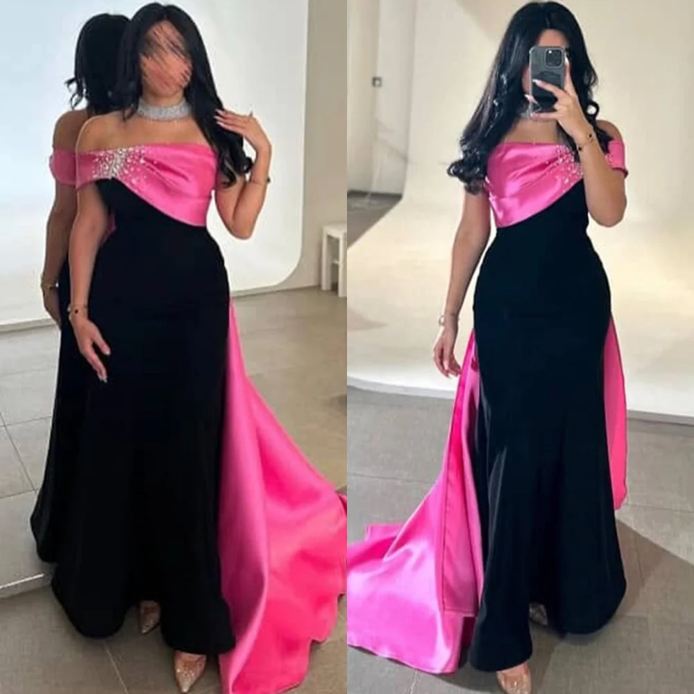 

Customized Sparkly Satin Evening Dresses Exquisite Off the Shoulder Prom Dresses Temperament Court Train Vestido De Festa
