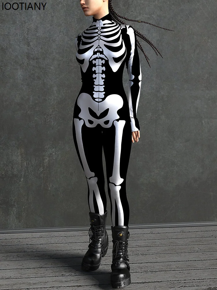 Macacão de festa de horror de Halloween feminino, bodysuit sexy estampado caveira, traje exclusivo, roupas Rave, novo